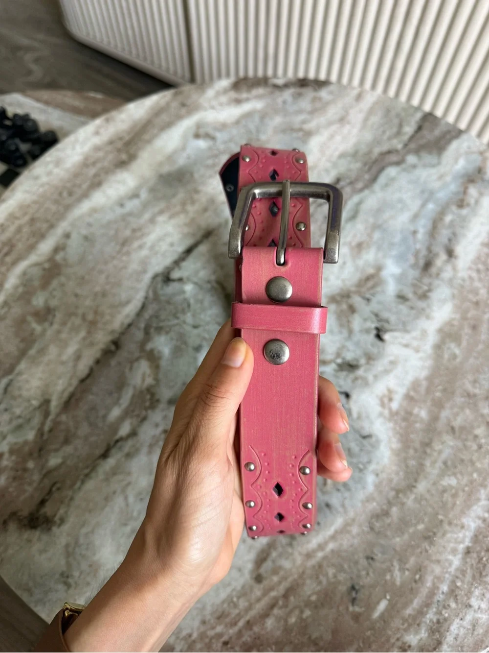Y2K Pink Studded Leather Belt Western Cutout Grommet Wide Belt L 40